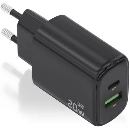 CARGADOR GaN 20W 1xUSB-C PD3.0 1xUSB-A QC3.0 NEGRO AISENS A110-0910
