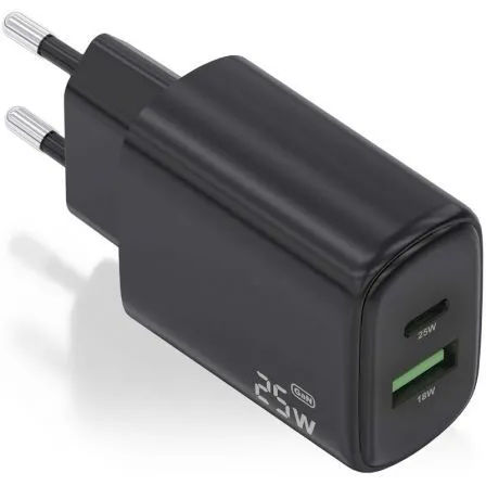 CARGADOR 25W 1xUSB-C PD3.0 1xUSB-A QC3.0 NEGRO AISENS A110-0912
