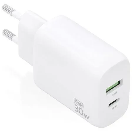 CARGADOR GAN 30W 1xUSB-C PD3.0 QC4.0 1xUSB-A QC3.0 BLANCO AISENS A110-0923