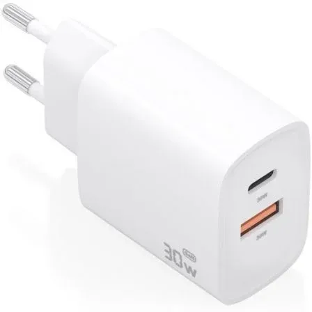 CARGADOR GaN 30W 1xUSB-C PD3.0 QC4.0 1xUSB-A QC3.0 BLANCO AISENS A110-0952