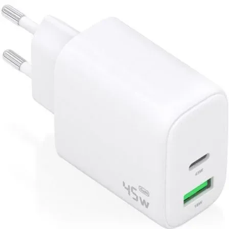 CARGADOR GAN 45W 1xUSB-C PD3.0 QC4.0 1xUSB-A QC3.0 BLANCO AISENS A110-0971