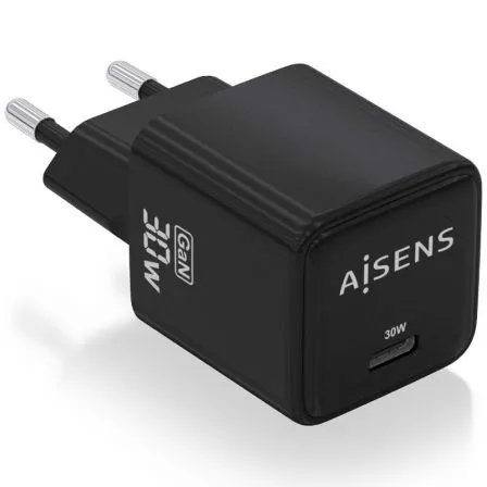 CARGADOR GAN 30W 1xUSB-C PD3.0 QC4.0 NEGRO AISENS ASCH-30W1P036-BK