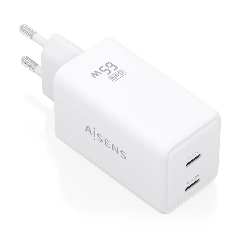 CARGADOR GaN 65W 2xUSB-C PD3.0 QC4.0 BLANCO AISENS ASCH-65W2P078-W