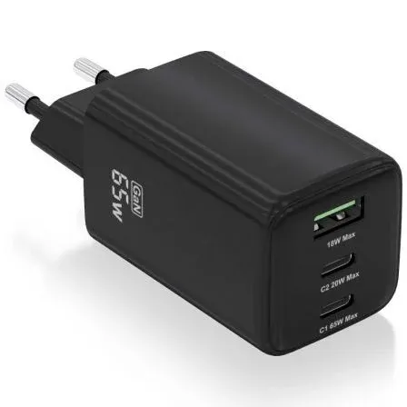 CARGADOR GAN 65W 2xUSB-C PD3.0 QC4.0 1xUSB-A QC3.0 NEGRO AISENS ASCH-65W3P042-BK
