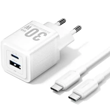 Cargador de Pared GaN Vention TZ-FEQW0-EU-01/ 1xUSB Tipo-C/ 1xUSB + Cable USB Tipo-C/ 30W