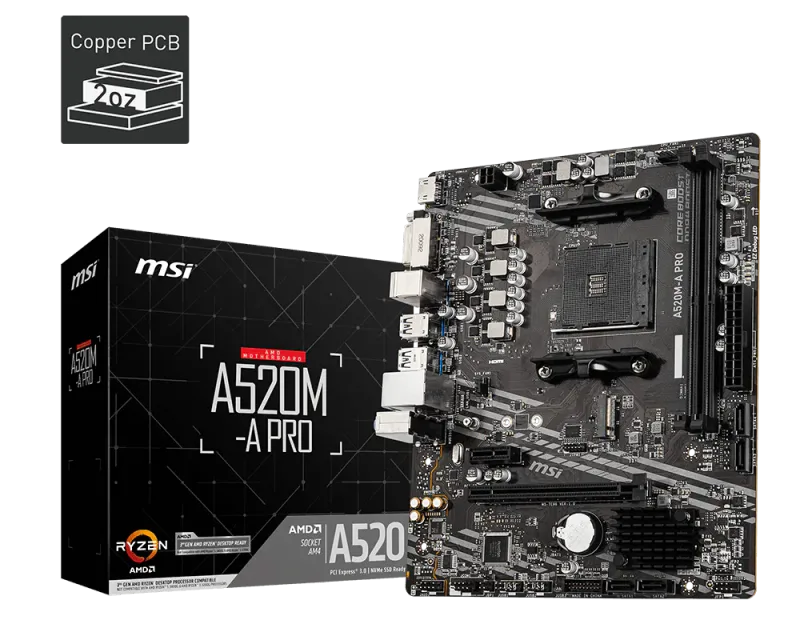 Placa MSI A520m-a PRO AMD AM4 DDR4 HDMI Pcie3.0 Usb3.2 Matx