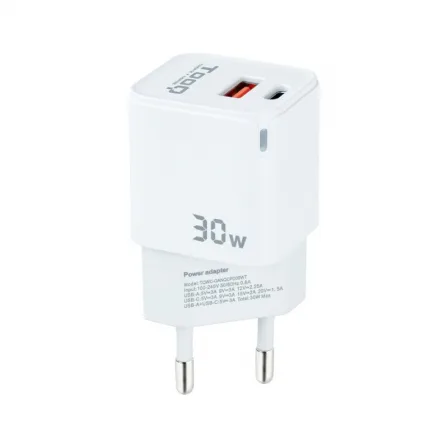 Cargador USB Pared Tooq Tqwc-ganqcpd30wt GAN Usb-c/pd + Usb-a/qc 30W Blanco