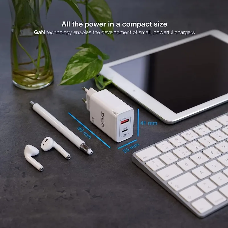 Cargador USB Pared Tooq Tqwc-ganqcpd45wt GAN Usb-c/pd + Usb-a/qc 45W Blanco