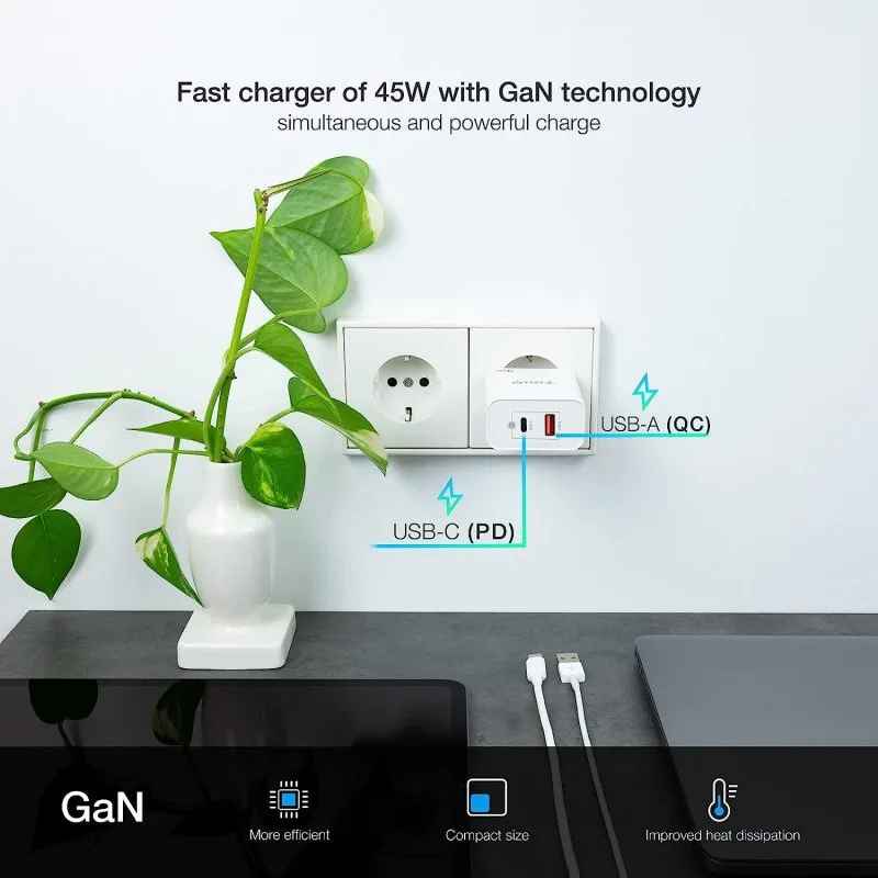 Cargador USB Pared Tooq Tqwc-ganqcpd45wt GAN Usb-c/pd + Usb-a/qc 45W Blanco - foto 2