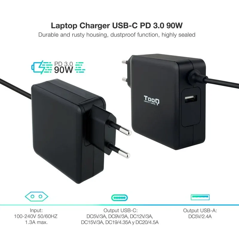 Cargador Tooq 90W Usb-c PD GAN para Portatil Negro