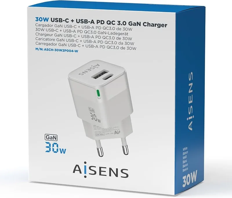 Cargador USB Pared Aisens GAN 30W Usb-c Pd3.0 Blanco - foto 3