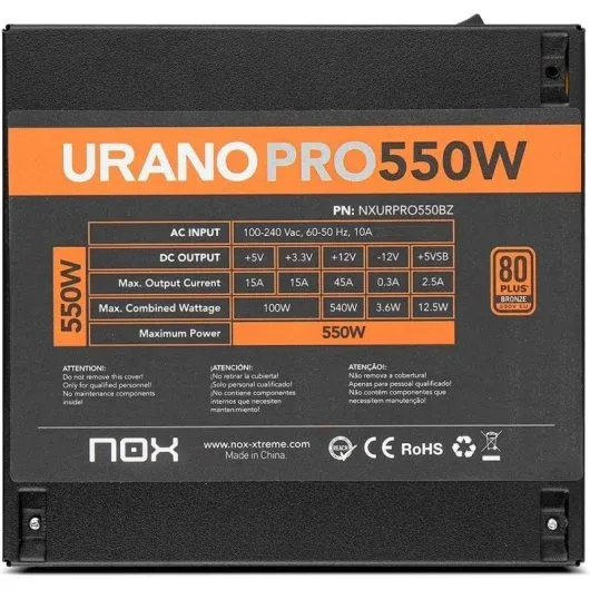 Fuente Alimentacion 550W NOX Urano PRO Pfc-activo 80+bronze 12CM ATX Blanca