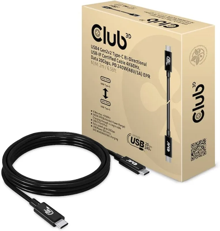 Club-3d Cable Usb4 Club 3D Certificado Type-c 4k60hz Data 20GBPS PD 240w(48v/5a) EPR M/m 2M