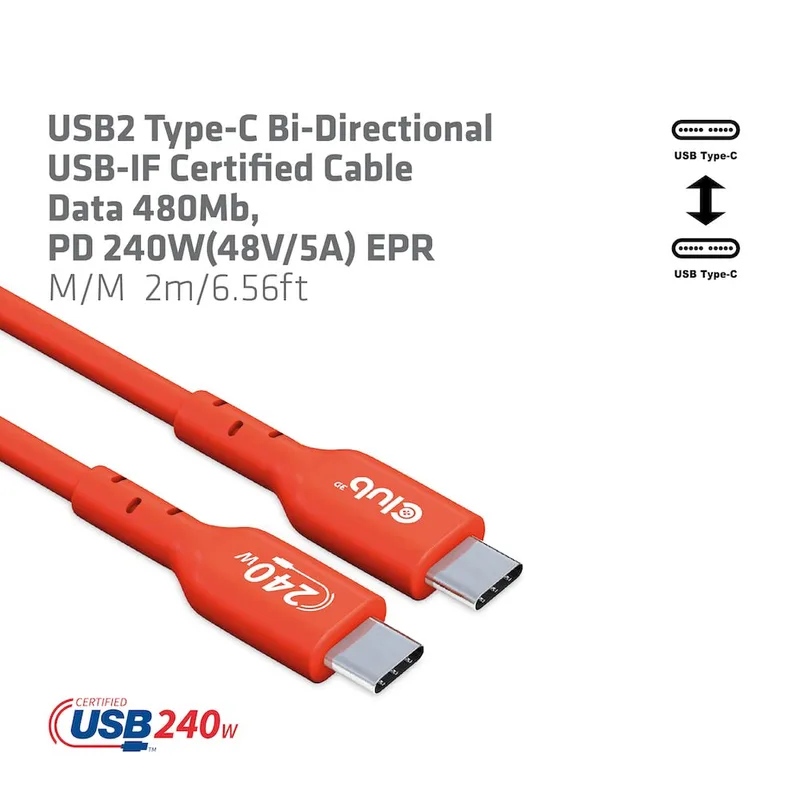 Club-3d Cable Usb2 Type-c Club 3D Certificado Data 480MB PD 240w(48v/5a) EPR M/m 1M - foto 2