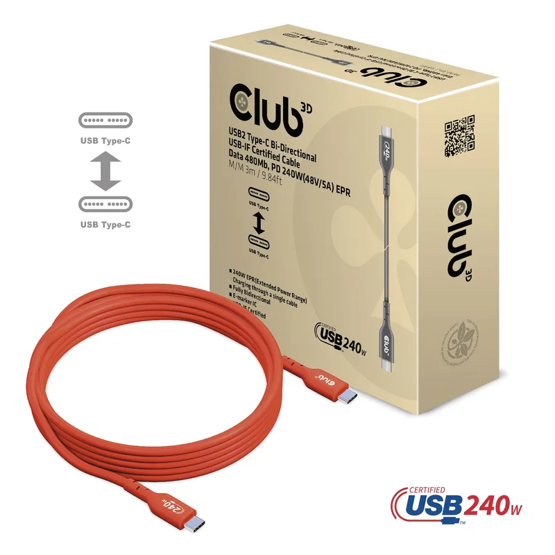 Club-3d Cable Usb2 Type-c Club 3D Certificado Data 480MB PD 240w(48v/5a) EPR M/m 3M