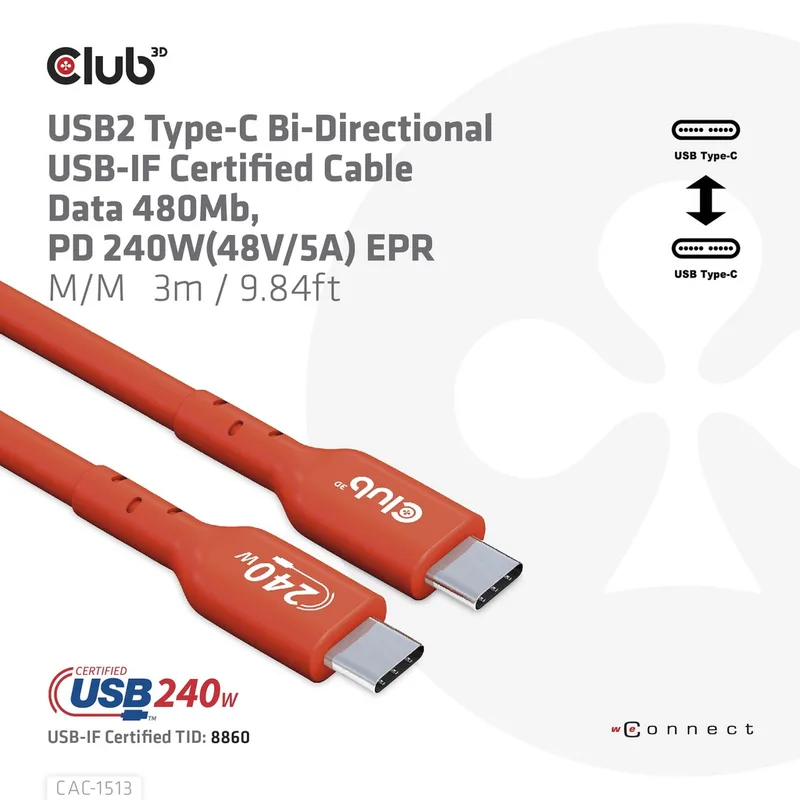 Club-3d Cable Usb2 Type-c Club 3D Certificado Data 480MB PD 240w(48v/5a) EPR M/m 3M - foto 4