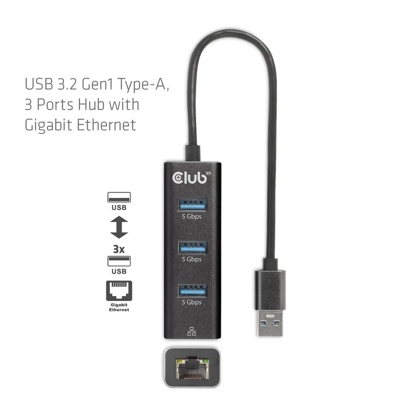 CLUB-3D HUB CLUB 3D USB-A A 3xUSB-A 3.0/RJ45 NEGRO - foto 3