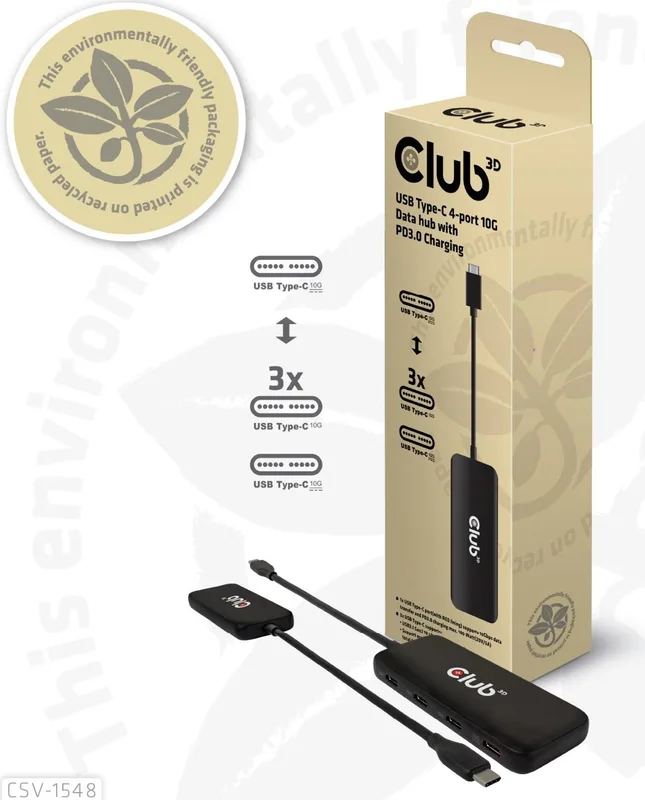 CLUB-3D HUB CLUB 3D USB-C A 4xUSB-C 10G PD 3.0 NEGRO