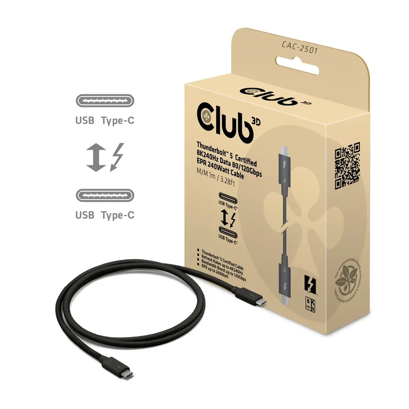 Club-3d Cable Club 3D Thunderbolt 5 Certificado 8k240hz Data 20GBPS PD 240w(48v/5a) EPR M/m 2m/6.56ft