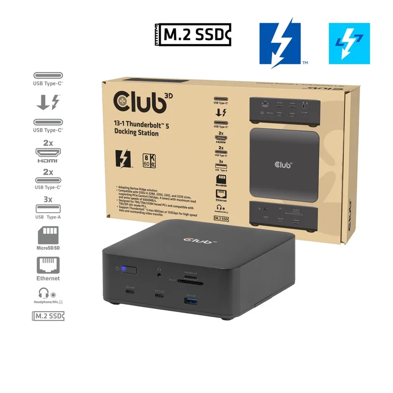 CLUB-3D DOCKING CLUB 3D THUNDERBOLT 5 13-1 Disco Sólido SSD M.2 2x HDMI 8K60HZ 180W