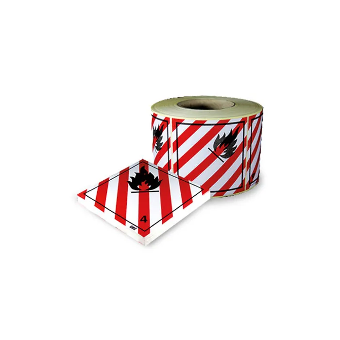 Etiqueta (1000 UD ) 10cmx15cm Blanca ZIG ZAG Banda Roja Pant 485C